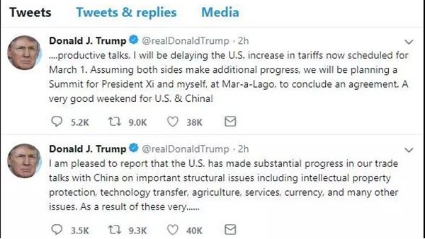 特朗普宣布将推迟3月1日上调中国输美商品关税的计划 特朗普宣布将推迟3月1日上调中国输美商品关税的计划
